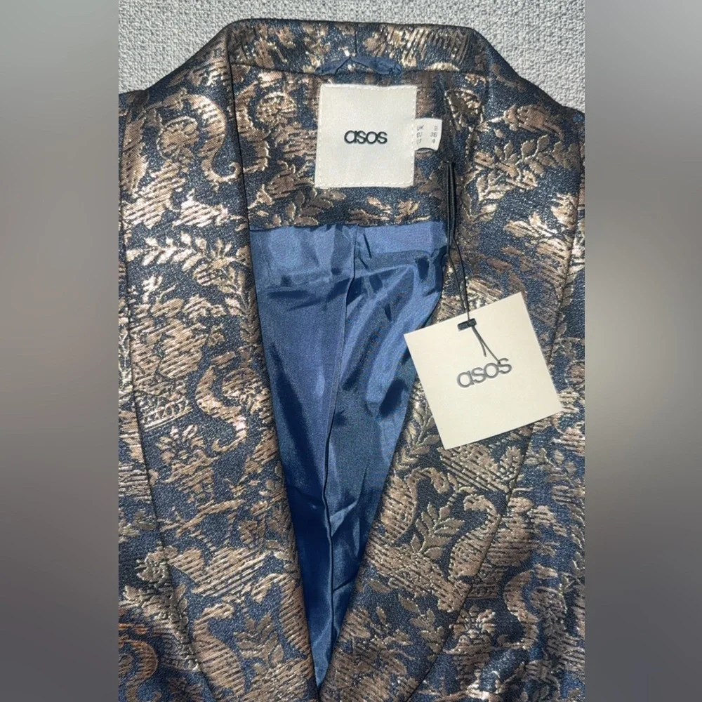 NWT ASOS Metallic Shimmer Blue and Gold Paisley Women's Blazer - Picture 4 of 7